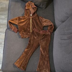 Brown Velour Hoodie and Flare Pants Set